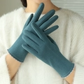 Deep green faux suede winter gloves with decorative wrist stitching for women - One Size / Lake Blue