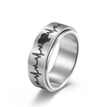 Silver stainless steel spinner ring with black heartbeat and heart pattern engraving - Size 7 / 8mm Steel Color
