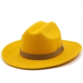 Detail of yellow wool felt fedora featuring a brown leather band and gold rivet detail - M (56-58cm) / Yellow