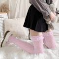 Rosafarbene Overknee-Strümpfe aus Spitze im Lolita-Stil mit Rüschen und Hohlmustern - Pink Spitze Overknee