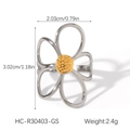 Detailed view of hollow flower ring with silver petals and gold center including dimensions - Gold and Silver Bi-Color Style (HC-R30403-GS)