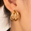 Polished gold multi-layer twisted ring earrings in minimalist 3D drop shape for women - 3D Multi-Hoop Overlap (BJGE0697)