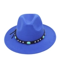 Classic dark blue wool fedora hat with turquoise stones and silver studs on leather band - Royal Blue