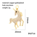 Detail showing 18K gold plated unicorn pendant with dimensions 24mm x 20mm and tiny zircons - P03714-Unicorn