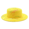 Artistic graffiti straw boater hat with colorful paint splatters and a flat top crown - M (56-58cm) / Yellow Graffiti