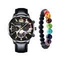 Detail of men's black leather watch with silver case and colorful chakra stone bracelet - Black Strap Black Case Gold Hands And Bracelet