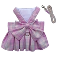 Pink and purple plaid dog JK dress harness set with large bow and matching leash - Light Pink Dress Set