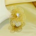 Detailed view of golden multilayer flower ring with center zircon and hollow wirework - Adjustable Open / Heavy Petal Hollow Zirconia Flower Style (KR113262-SP)