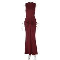 Detail view of burgundy ruched waist and pleated texture on a sleeveless midi dress - S / Burgundy