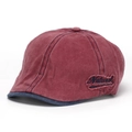 Detailed view of washed denim newsboy cap with contrast navy brim and Natural embroidery - One Size / Wine Red With Navy (E)