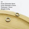 Détail d'un anneau métallique de 8mm montrant les mesures de diamètre intérieur et extérieur - 1# Anneau Lisse Simple
