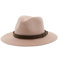 Pink straw Panama hat with a brown leather strap and metal buckle for women - Flesh Pink