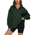 Women's dark green oversize half-zip sweatshirt with a front pocket and ribbed cuffs - Dark Green