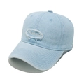 Detail of light blue denim baseball cap featuring distressed Fashion letter embroidery - Sky Blue