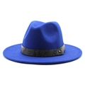 Detail of royal blue wool fedora hat with black snake skin band and gold stud accent - Sapphire Blue