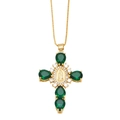 Collar de cruz dorada con piedras verdes en forma de gota y colgante de retrato religioso - Verde