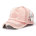 Detailed close-up of distressed denim baseball cap with Boston embroidery and frayed brim - Pink Style (C)