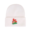 White knitted beanie with cute mushroom embroidery and ribbed cuff for autumn and winter - Mushroom with Grass Embroidery / White