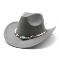 Close-up of gray felt cowboy hat featuring bohemian shell and turquoise bead band - Gray
