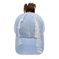 Light blue distressed denim ponytail baseball cap with messy bun cross hole design - Crossed Open Design / Light Blue Single Cross Ponytail Hole