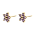 Boucles d'oreilles fleurs dorées avec pétales en zircon violet et détails noirs - Fleur à Cinq Pétales Violette (VE1498)