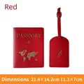 Red PU leather passport holder and luggage tag set with gold world map and plane prints - Passport Holder + Luggage Tag / Red Zirconia Set