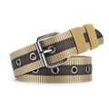 Striped canvas belt in khaki, dark green, and brown with dark metal pin buckle - L120cm W3.8cm / Khaki Striped