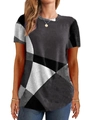 Detailansicht eines Damen T-Shirts mit Rundhalsausschnitt und geometrischem Farbmuster - S / Grau