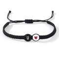 Handmade woven heart bracelet with black letter U bead and red heart on white base - Letter U-White Red Heart