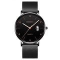 Reloj de cuarzo negro para hombre con correa de malla, índices oro rosa y fecha - Esfera Negra Agujas Oro Rosa Caja Negra Correa de Malla Negra