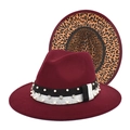 Burgundy wool fedora hat with leopard print brim underside and pearl band decoration - M (56-58cm) / Burgundy