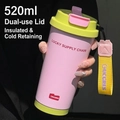 Pink 520ml stainless steel coffee mug with yellow lid and durable carrying strap - Green and Pink Color Block (Stainless Steel Liner)