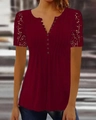 Detail of burgundy V-neck top showing button placket and lace hollow-out sleeve design - S / Tops / T-Shirts / Red