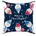 Detail of blue Christmas pillowcase featuring snowmen and Merry Christmas text - Dark Blue Multiple Snowmen Merry Christmas
