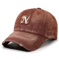 Vintage rostbraune Denim-Baseballcap mit besticktem Buchstaben N und Distressed-Löchern - Rot