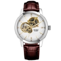 Silver automatic watch with white hollow dial, gold movement and brown leather strap - Silver Case White Dial (Brown Leather Strap)