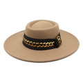Detail of camel wool fedora hat featuring a wide brim and decorative chunky gold chain - 57-59cm / Deep Purple Grey