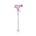 Pendiente de acero de titanio plateado con corazón rosa y detalle de cadena colgante - Rosa (Pieza única)