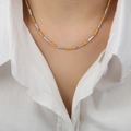 Two-tone gold and silver rectangular bamboo-style geometric link chain necklace - Cube Style / Gold and Steel Mixed
