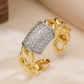 Two-tone plated chain style open ring with square pave-set cubic zirconia centerpiece - Adjustable Open / Square Micro-Pave Style (14605)