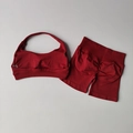 Dark red two-piece halter yoga set with high waist compression shorts and ribbed top - S / Scarlett Red
