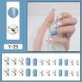 24pcs Y-25 square press-on nails set with blue and marble designs for women - Blue White Marble Pattern Square Head Style (Y-25) / Glue Type