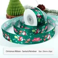 25mm Christmas ribbon with Santa Claus and Reindeer print on green polyester satin roll - 25mm Width * 10 Yards / Green (Santa Claus Reindeer)