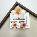Three-piece plumeria flower hair claw set in gradient orange and white resin finish - Five-petaled Flower - White Background With Orange Heart Set (includes Card)