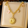 Gold celestial necklace with sun face, pink moon and star charms on link chain - Chunky Chain Astrology Sun Moon Star Style (N3117)