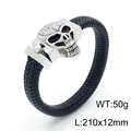 Bracelet punk en cuir tressé noir avec fermoir tête de mort en acier, long 210mm - Couleur Acier Crâne (KB150799-KFC)