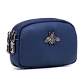 Porte-monnaie bleu foncé en cuir grainé avec trois zips et décoration d'abeille - Bleu foncé