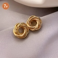 Golden multi-layer spiral geometric earrings on silk fabric background, style 7 - Twisted Flower Studs / Gold