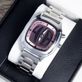 Vintage style men's quartz watch with pink globe dial and silver alloy band in gift box. - Silver Case Purple Pink