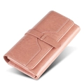Pink long leather wallet with fold-over design, stitching detail and a buckle closure - Pink